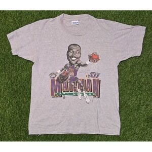 Vintage 90s Karl Malone Utah Jazz Salem Sportswear Caricature T-Shirt L NBA Gray